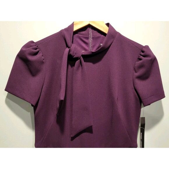 New Maggie London Purple Short Sleeve High Neck Bow Pencil Dress Sz 4 Office - Picture 2 of 7